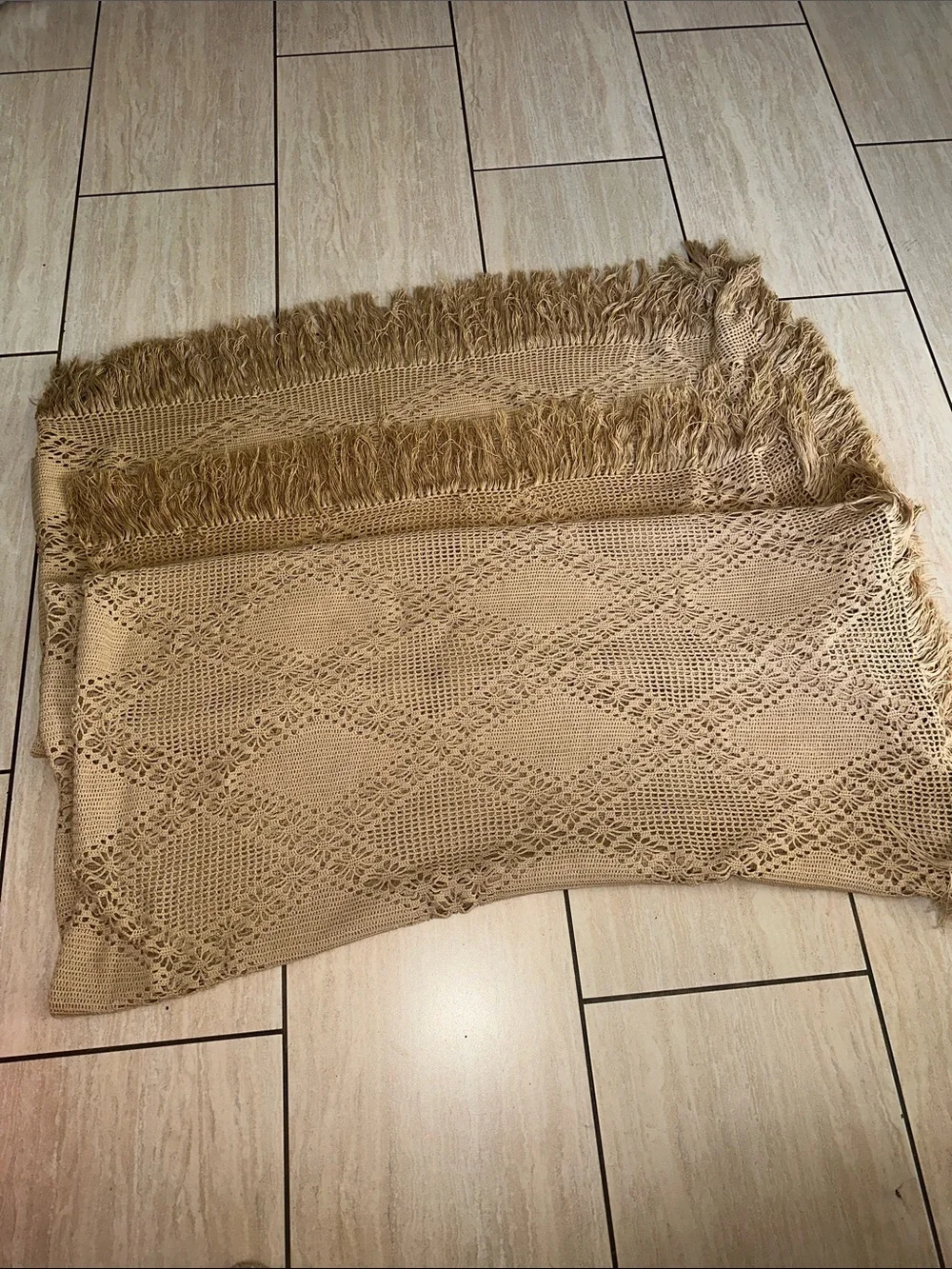Handmade Crochet Fringe Throw Blanket/ Table Cover